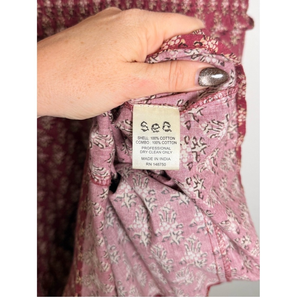 Sea NY Beaux Ruffled Shirred Floral Cotton Midi Dress Burgundy Size 8 - Picture 3 of 6